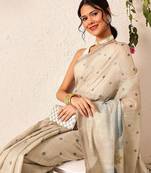 Beige printed silk cotton ethnic saree with blouse piece