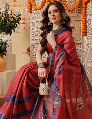 Red printed cotton blend ethnic saree with blouse piece 4