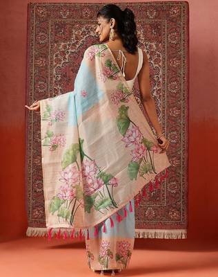 Blue printed cotton blend ethnic saree with blouse piece 2