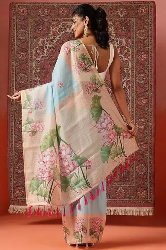 Blue printed cotton blend ethnic saree with blouse piece