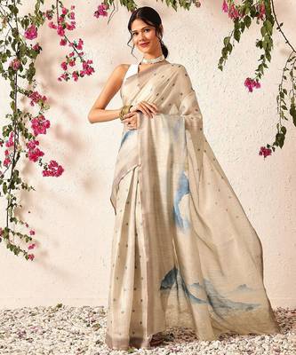 Beige printed silk cotton ethnic saree with blouse piece 2