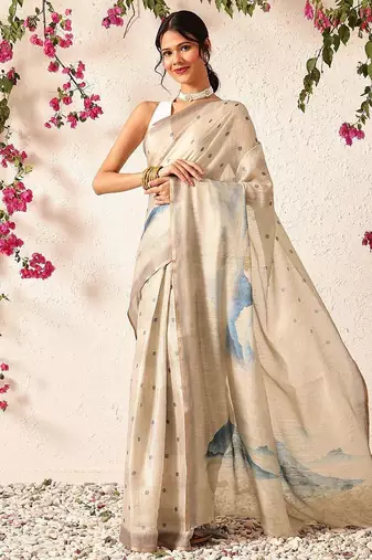 Beige printed silk cotton ethnic saree with blouse piece