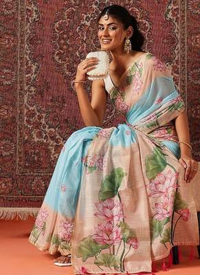 Blue printed cotton blend ethnic saree with blouse piece 3