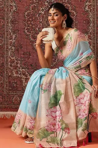 Blue printed cotton blend ethnic saree with blouse piece