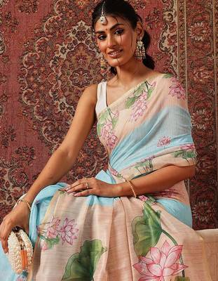 Blue printed cotton blend ethnic saree with blouse piece 4