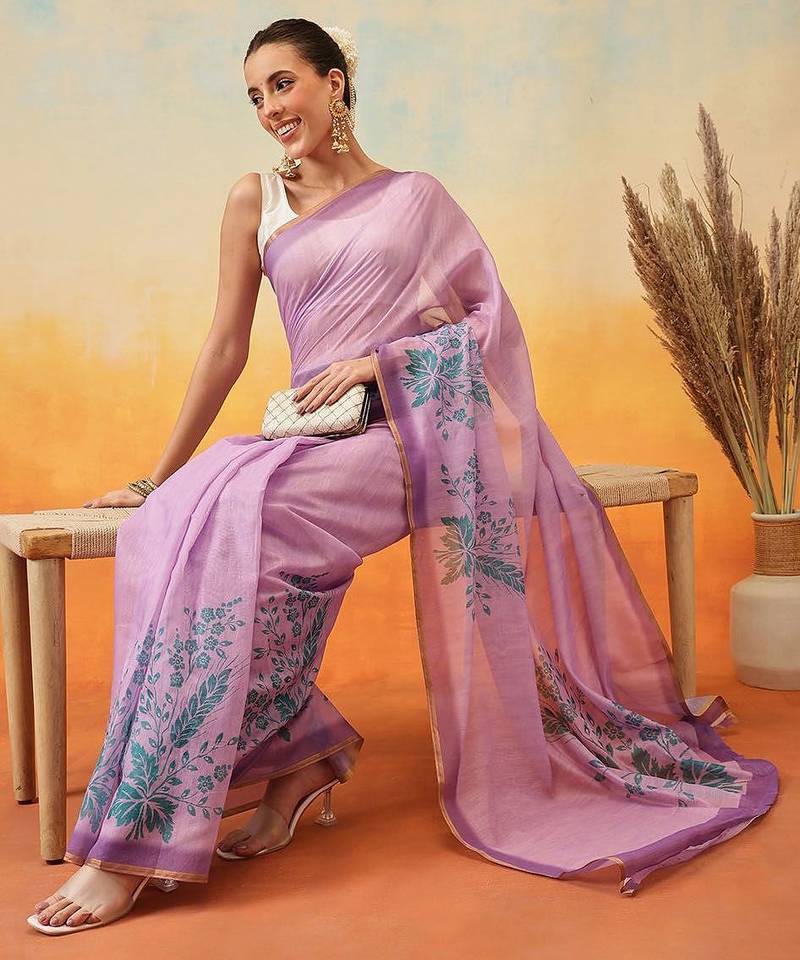 Purple printed tissue traditional saree with blouse piece