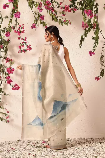 Beige printed silk cotton ethnic saree with blouse piece