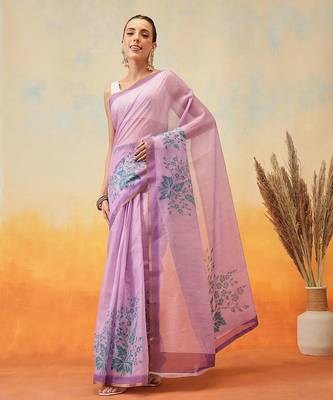 Purple printed tissue traditional saree with blouse piece 2