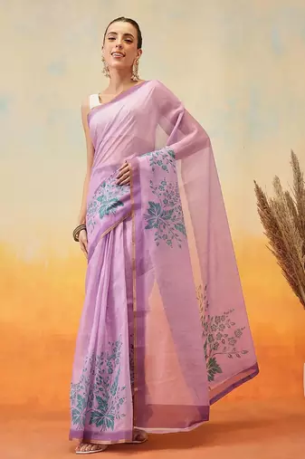 Purple printed tissue traditional saree with blouse piece