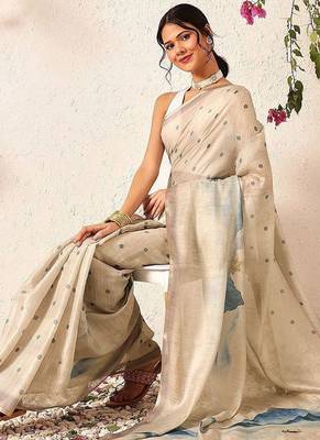 Beige printed silk cotton ethnic saree with blouse piece 4