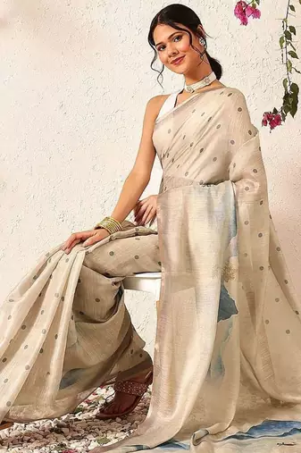 Beige printed silk cotton ethnic saree with blouse piece