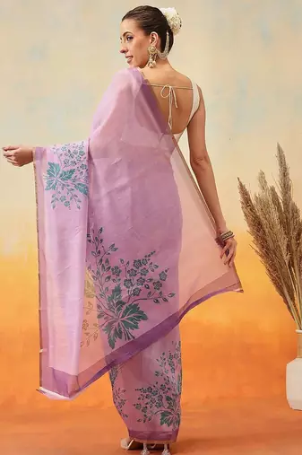 Purple printed tissue traditional saree with blouse piece
