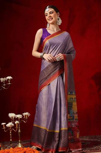 Purple printed cotton blend ethnic saree with blouse piece