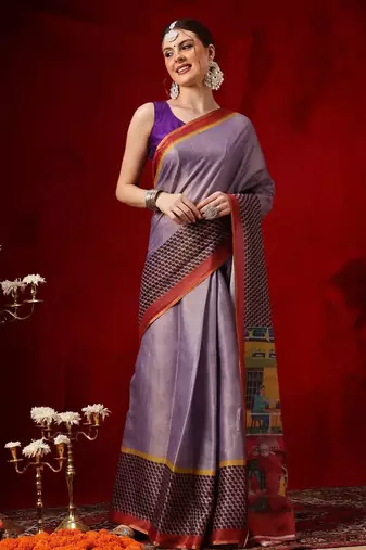 Purple printed cotton blend ethnic saree with blouse piece