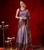 Purple printed cotton blend ethnic saree with blouse piece