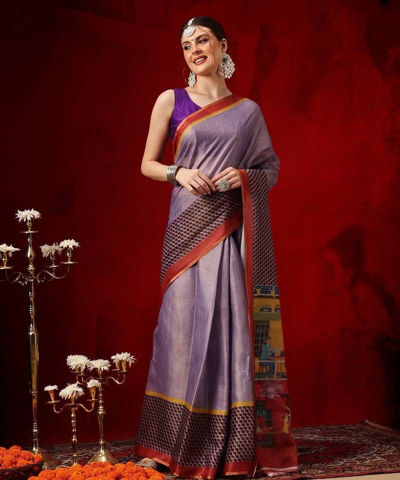 Purple printed cotton blend ethnic saree with blouse piece