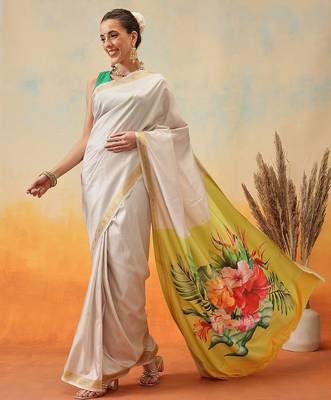 off white floral printed zari work kasavu silk saree 2