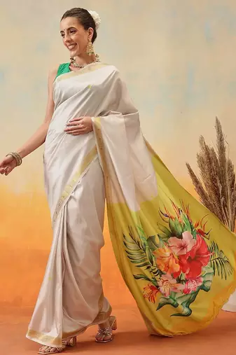 Off white printed art silk ethnic saree with blouse piece