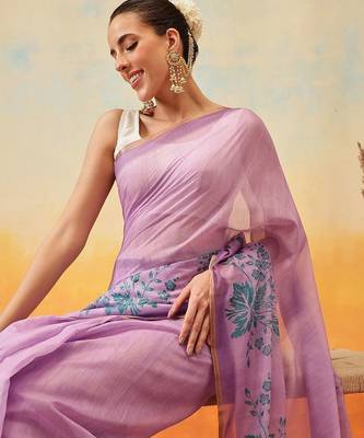 Purple printed tissue traditional saree with blouse piece 4