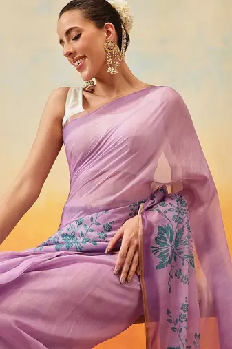 Purple printed tissue traditional saree with blouse piece