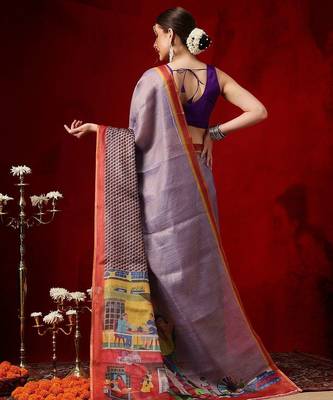 Purple printed cotton blend ethnic saree with blouse piece 2