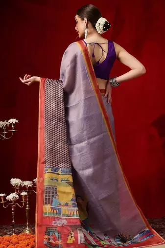Purple printed cotton blend ethnic saree with blouse piece
