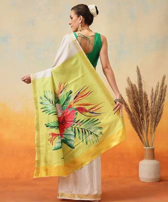 off white floral printed zari work kasavu silk saree 3