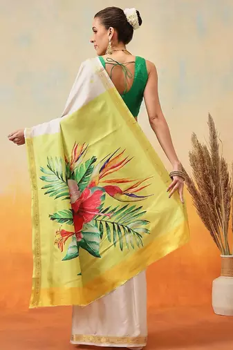 Off white printed art silk ethnic saree with blouse piece