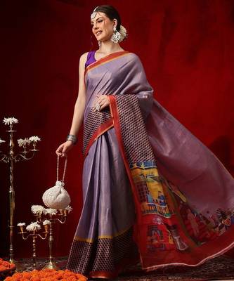 Purple printed cotton blend ethnic saree with blouse piece 3
