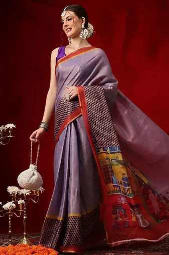 Purple printed cotton blend ethnic saree with blouse piece