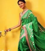Green printed silk blend ethnic saree with blouse piece