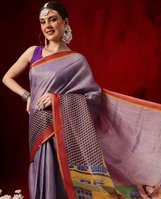 Purple printed cotton blend ethnic saree with blouse piece 4