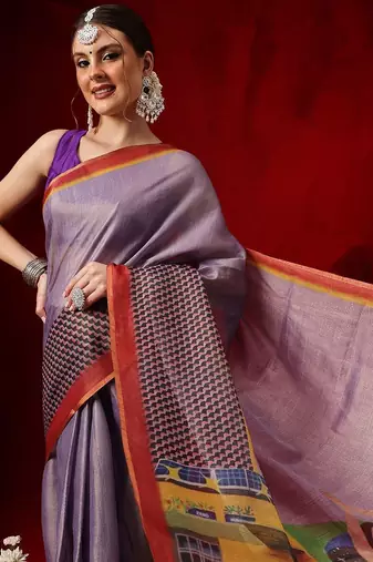 Purple printed cotton blend ethnic saree with blouse piece
