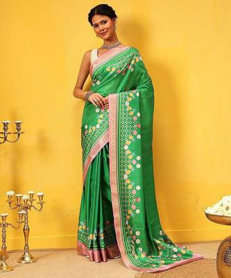 Green printed silk blend ethnic saree with blouse piece 2