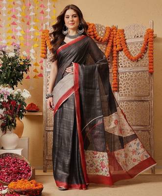 Black woven cotton blend traditional saree with blouse piece 1