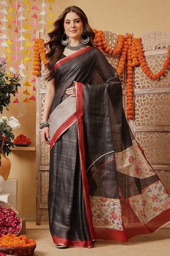 Black woven cotton blend traditional saree with blouse piece