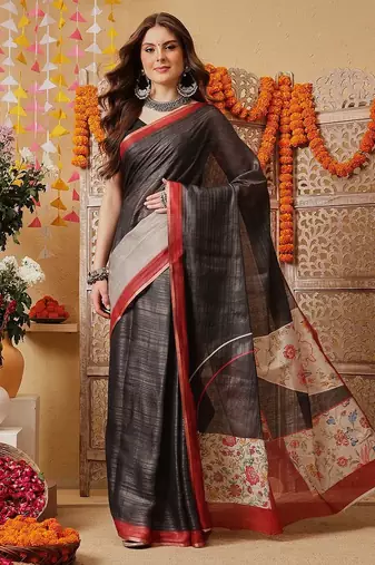 Black woven cotton blend traditional saree with blouse piece