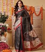 Black woven cotton blend traditional saree with blouse piece
