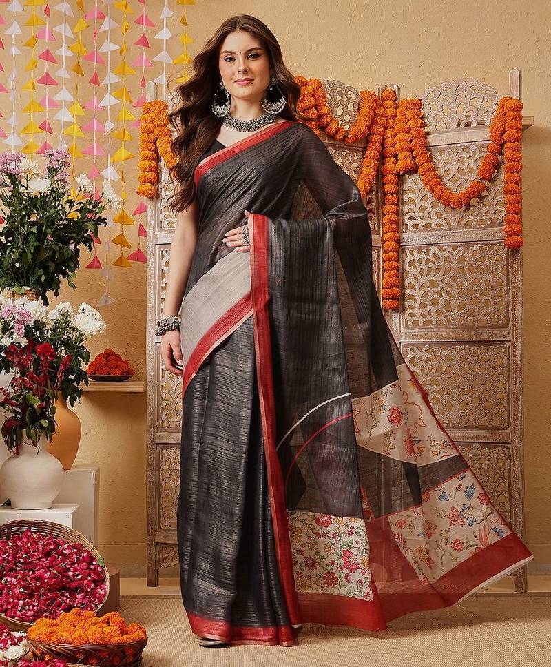 Black woven cotton blend traditional saree with blouse piece