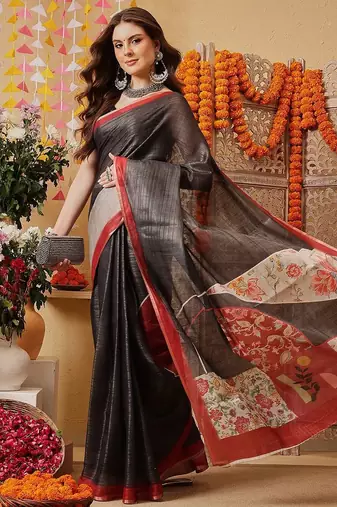 Black woven cotton blend traditional saree with blouse piece