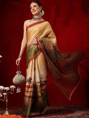 Golden printed cotton blend ethnic saree with blouse piece 1