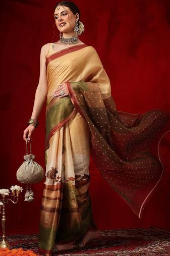 Golden printed cotton blend ethnic saree with blouse piece