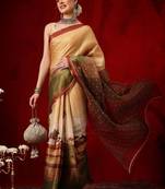 Golden printed cotton blend ethnic saree with blouse piece