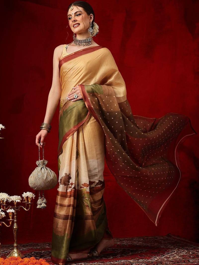 Golden printed cotton blend ethnic saree with blouse piece