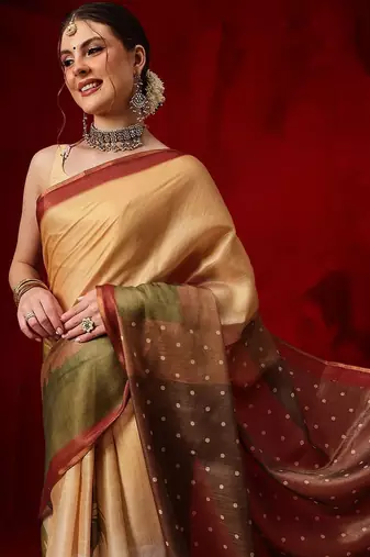 Golden printed cotton blend ethnic saree with blouse piece