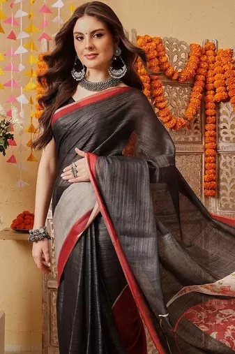 Black woven cotton blend traditional saree with blouse piece