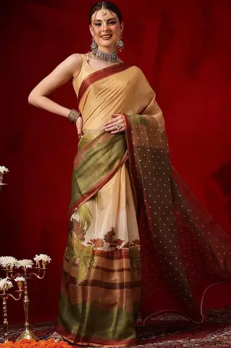 Golden printed cotton blend ethnic saree with blouse piece