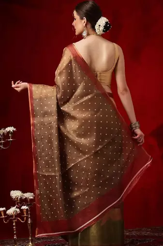 Golden printed cotton blend ethnic saree with blouse piece