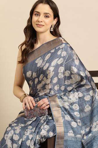 Blue printed silk blend ethnic saree with blouse piece