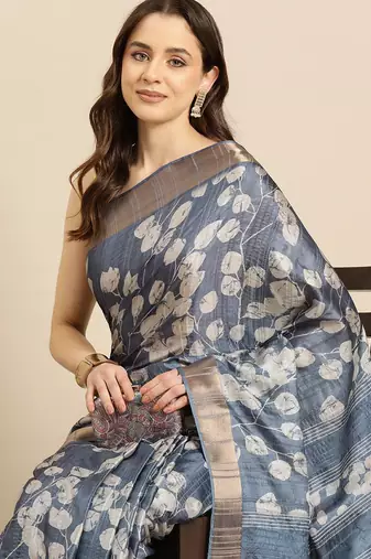 Blue printed silk blend ethnic saree with blouse piece
